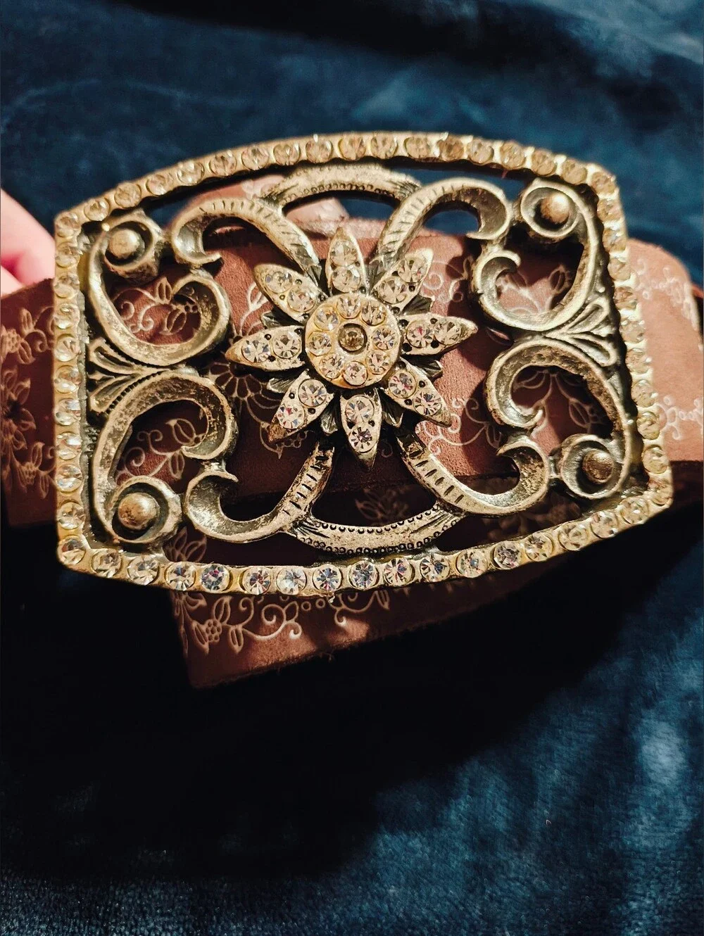 VTG Streets Ahead 90s Leather Western Belt Large Rhinestone Tooled Floral Boho